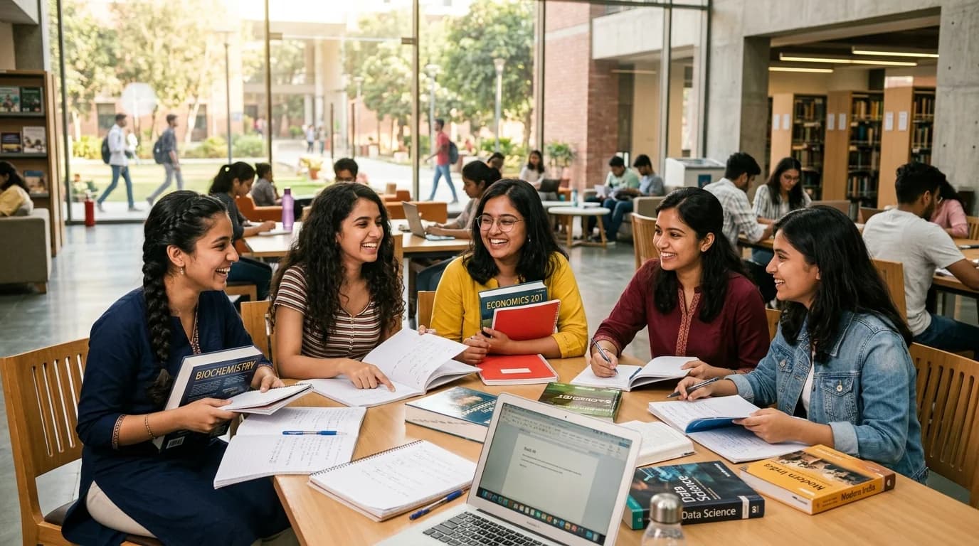 Female college students studying with textbooks and notebooks in academic library classroom at RVRS Girls College Kawardha