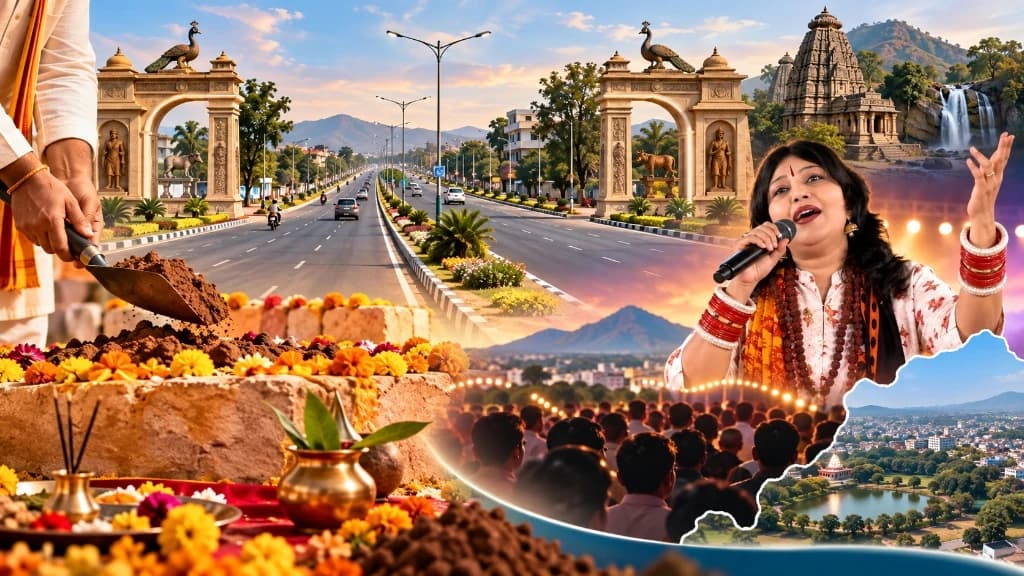 Bhoomi Pujan ceremony for 54-crore Kawardha four-lane road, grand welcome gates, and live concert by folk singer Alka Chandrakar