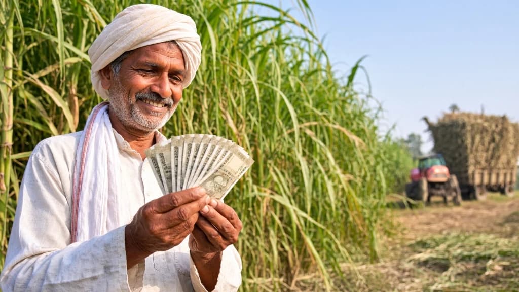 Smiling Chhattisgarh sugarcane farmer holding currency notes with harvested sugarcane tractor trolley in Kawardha