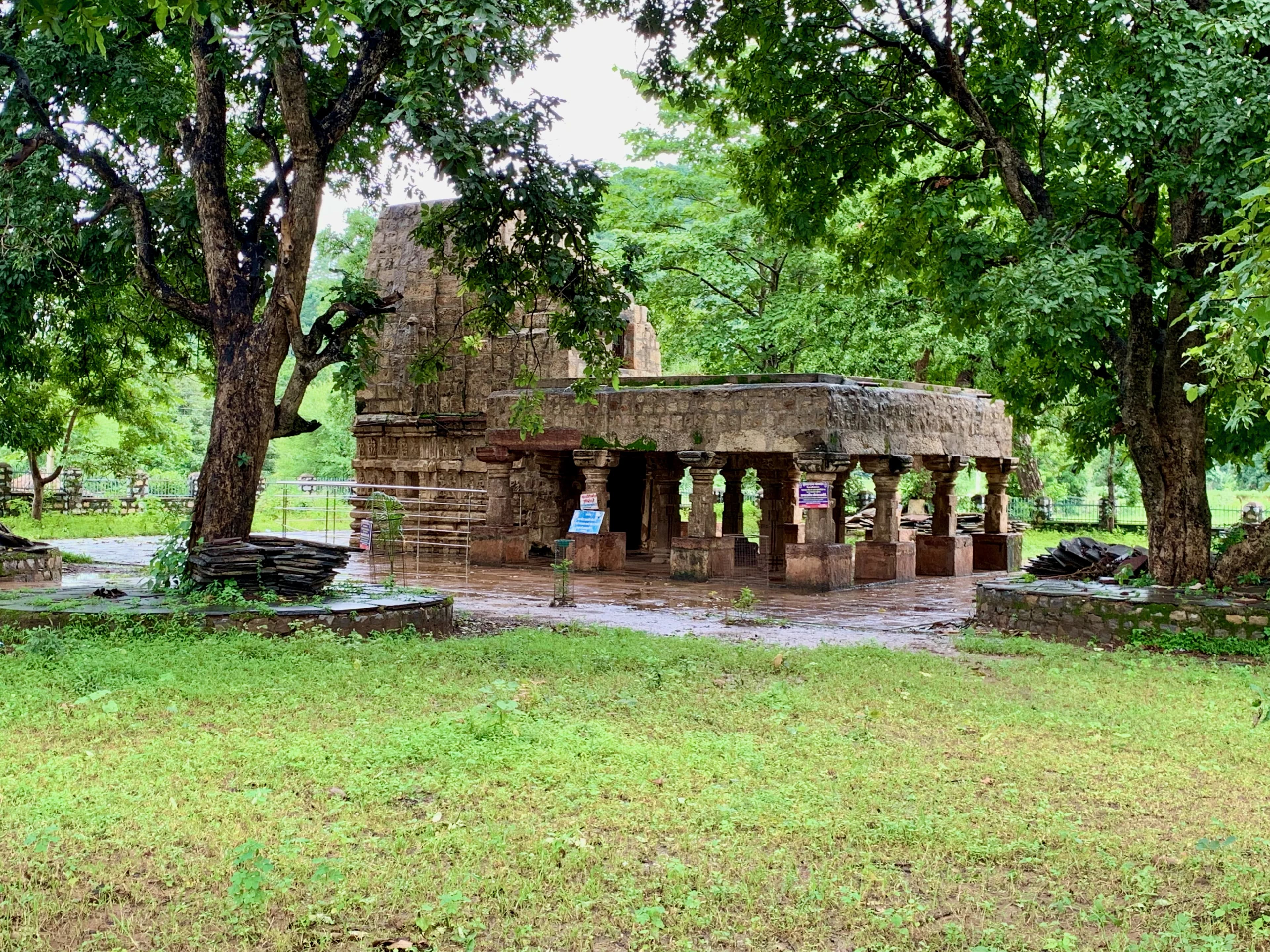 Stone pillars and carved plinth of historic Madwa Mahal in Chaura near Kawardha