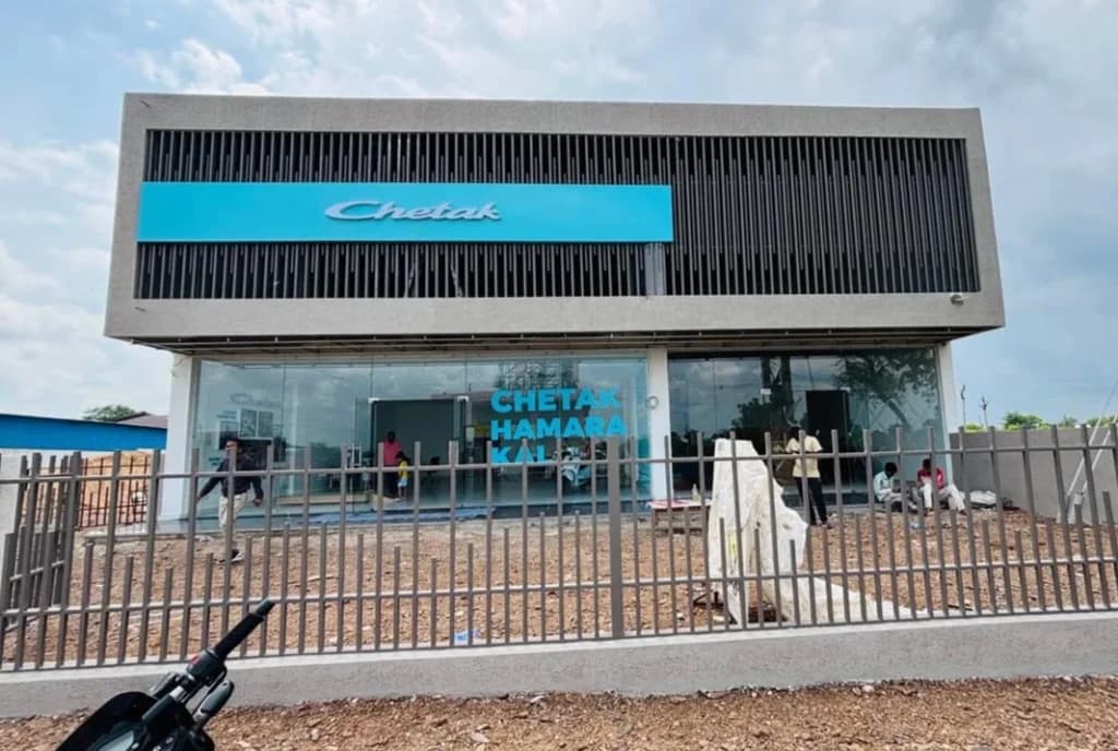 Chandrayan Chetak authorized electric scooter showroom facade on Raipur Road Kawardha