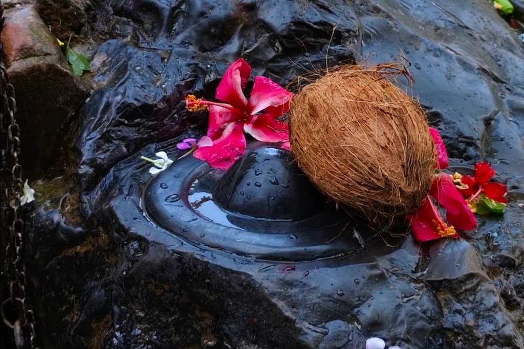 Sacred Shivling bathed in river waters with offerings at Jaleshwar Mahadeva Ghat Dongariya, Kabirdham