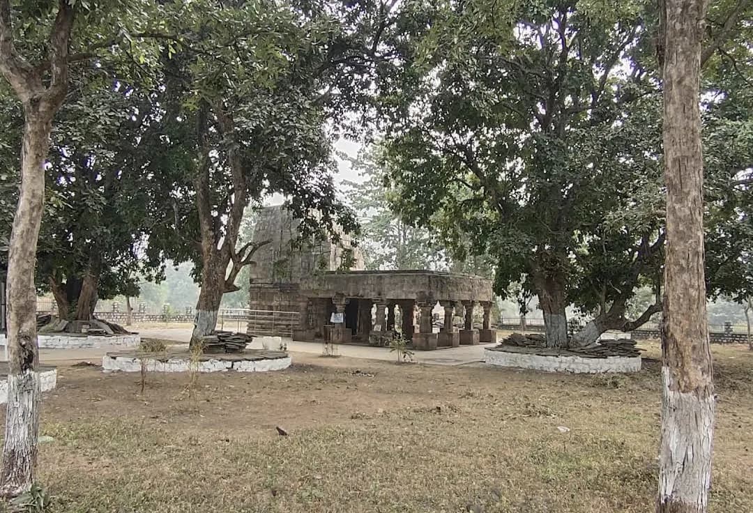 Open 16-pillared stone pavilion of 14th-century Madwa Mahal in Chaura village near Kawardha