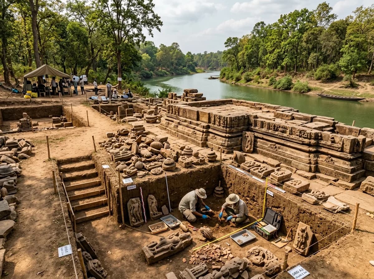 Excavated ancient stone temple plinths and archaeological trenches along Haph River at Pachrahi