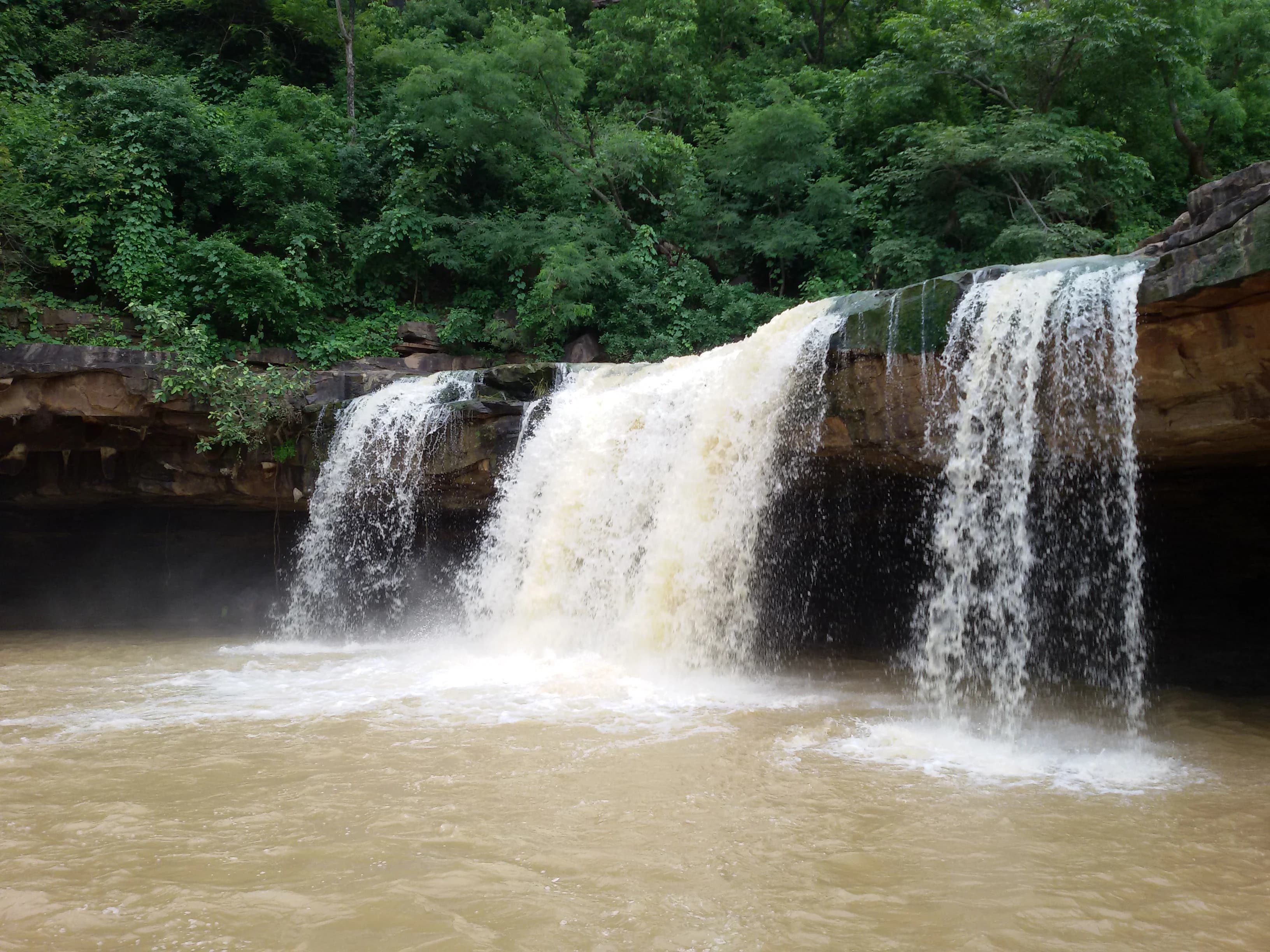Cascading waterfall over dark forest rocks into a natural pool at Rani Dahra Kawardha