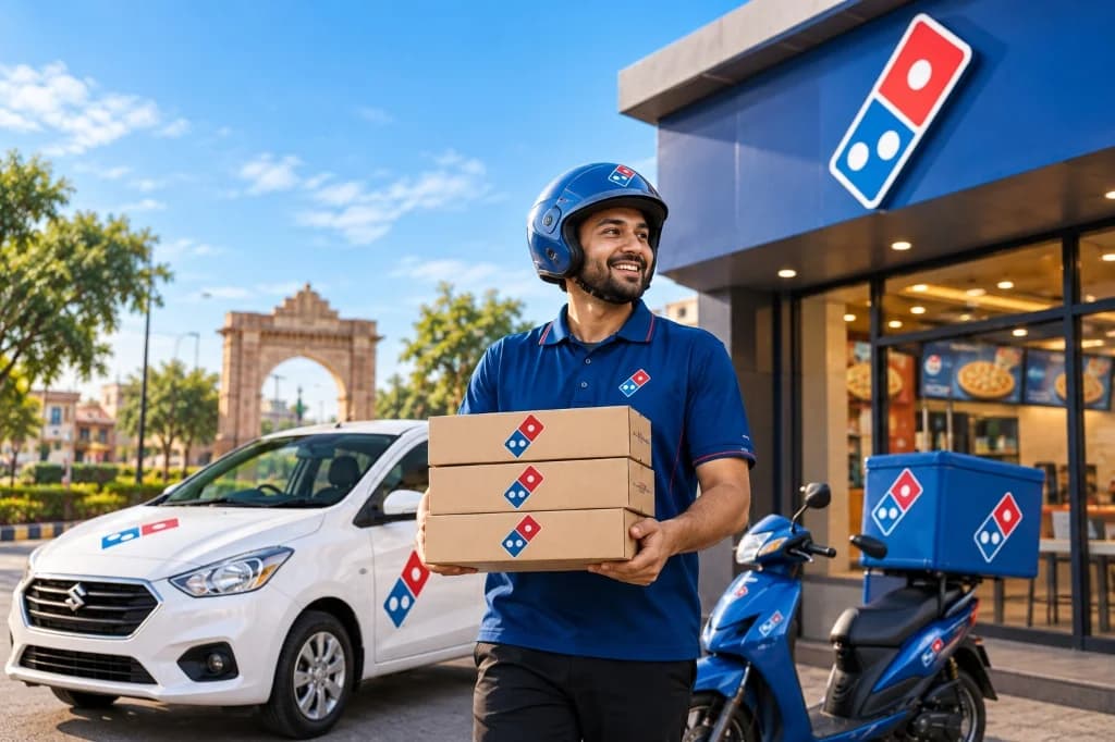 Domino's Pizza delivery rider with pizza boxes outside the Kawardha outlet with delivery fleet