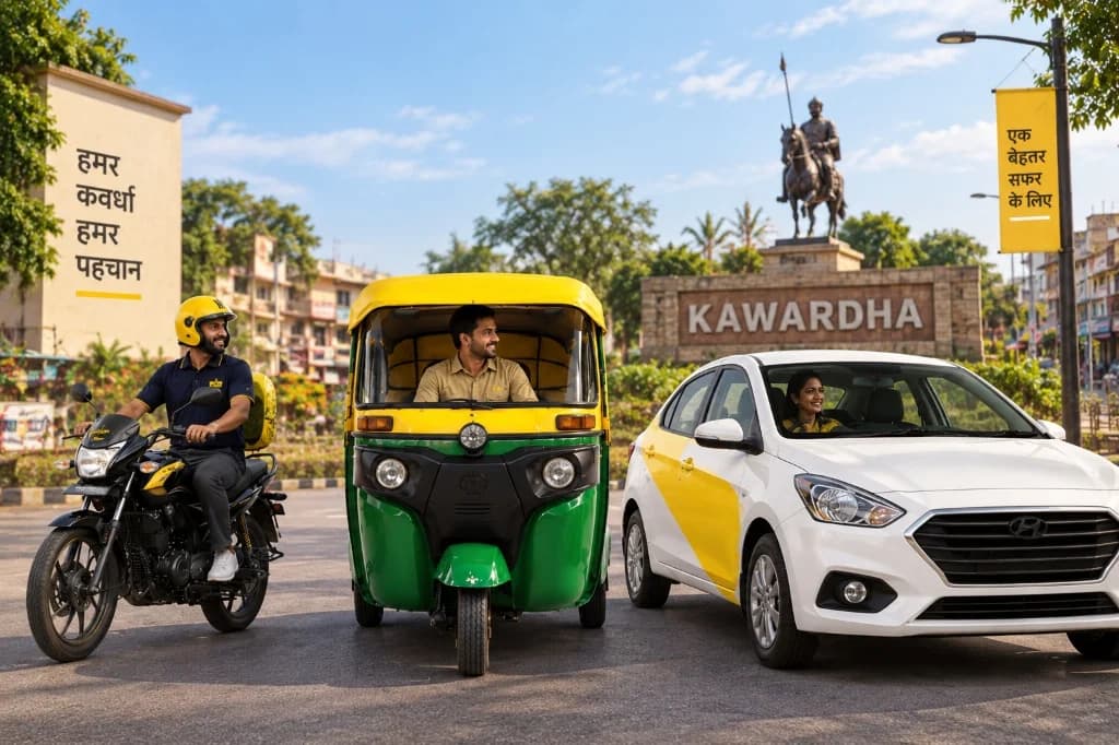 Rapido bike taxi, auto-rickshaw, and cab fleet at Kawardha city center landmark