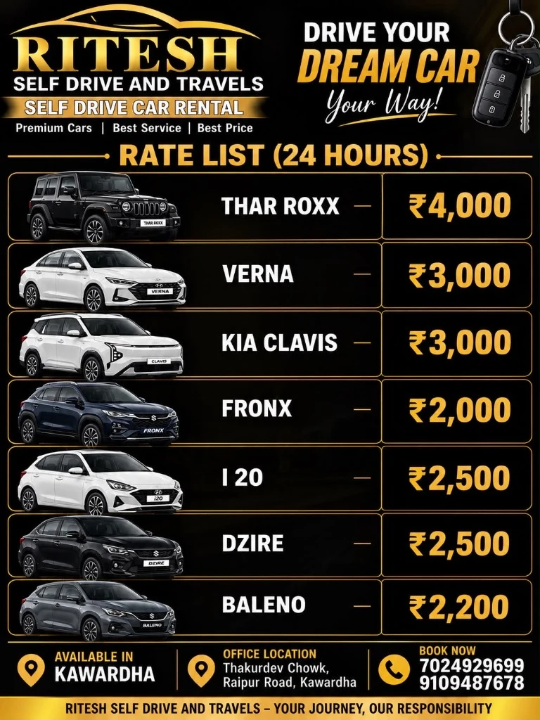 Ritesh Self Drive and Travels 24-Hour Rate Card